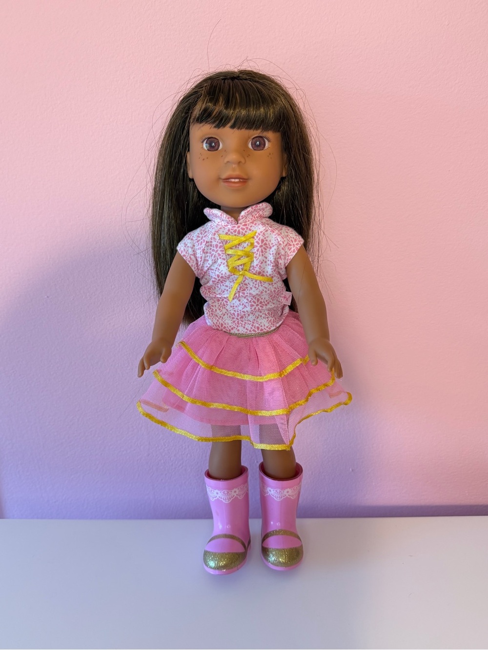 American Girl Welly Wisher Ashlyn Pink Tulle Dress with Yellow Trim
